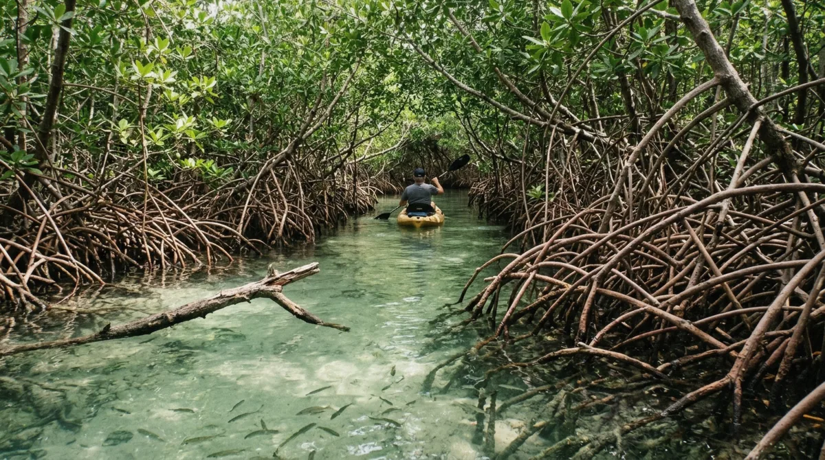 Kayaker paddling a mangrove channel at Lac Bay on the guided Bonaire mangrove snorkeling tour
