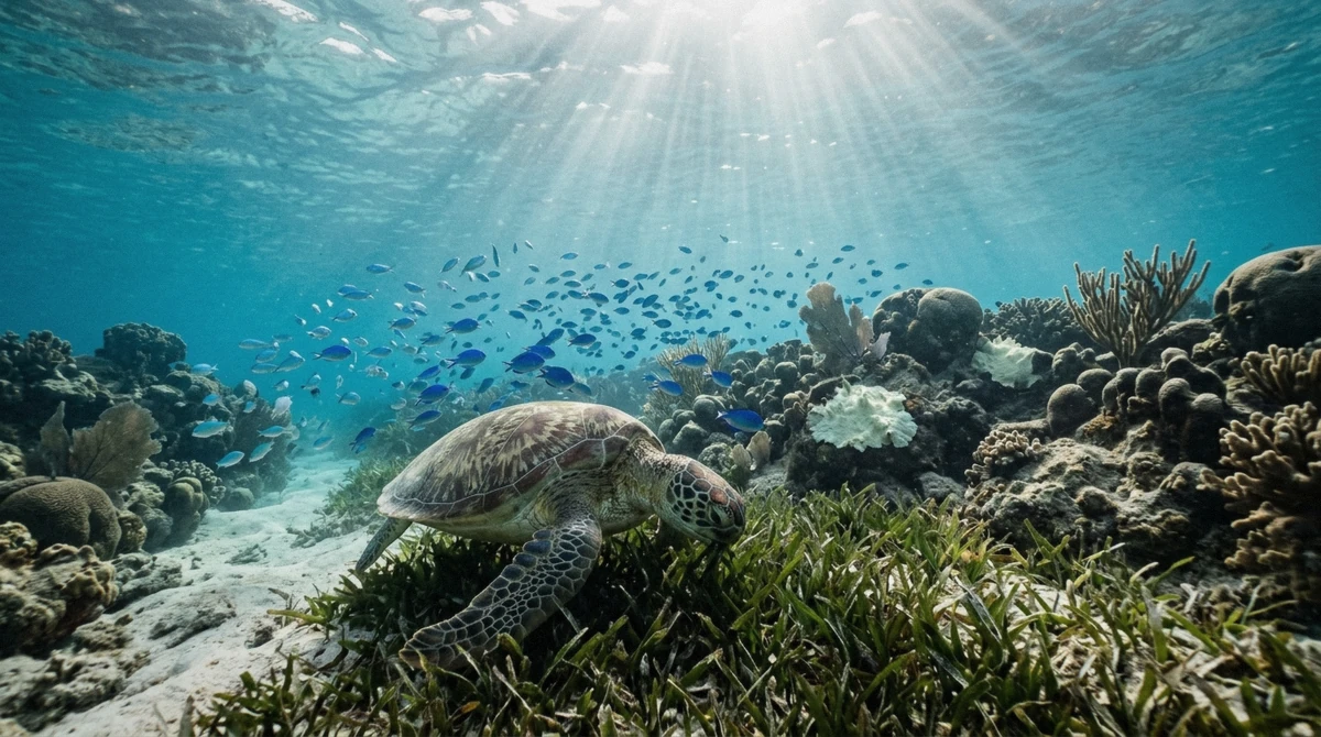Sea turtle over seagrass at Klein Bonaire, a routine sighting on the Double Dip Bonaire snorkeling tour