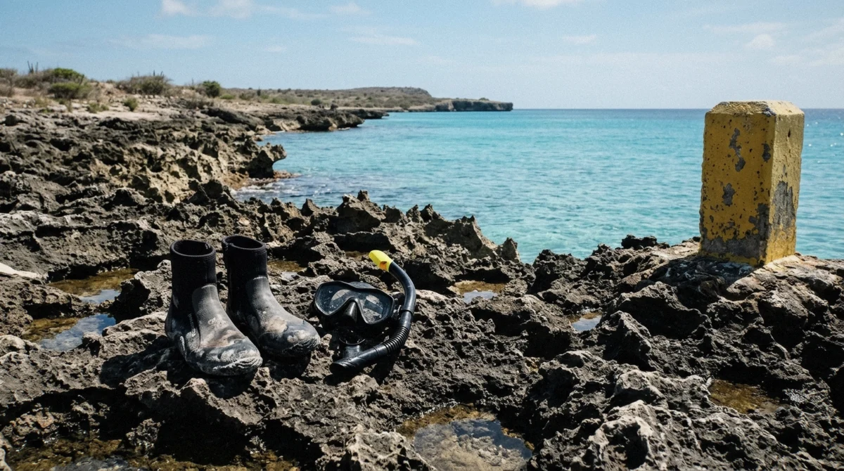 Sharp ironshore entry point on Bonaire, the kind of shore access that barely changes between the best time to snorkel Bonaire and any other month